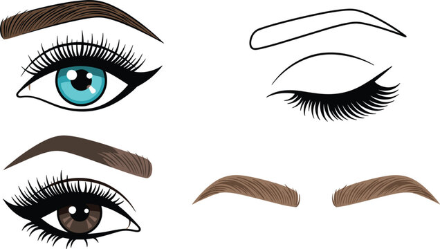 Female Eyebrow Shape and Eye Makeup Vector Icon Set Featuring Microblading Micro-shading Mapping Closed and Open Eyes for Beauty Salon Branding