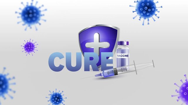 Cure Text with Medical Syringe, Vaccine Bottle and Protective Medical Shield on White Background