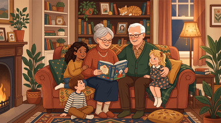 Warm family storytime with elders and grandchildren in cozy living room with three grandchildren warmly cat