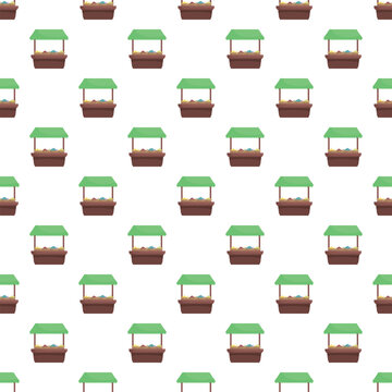 Repeating pattern showing cartoon market stalls with green awnings