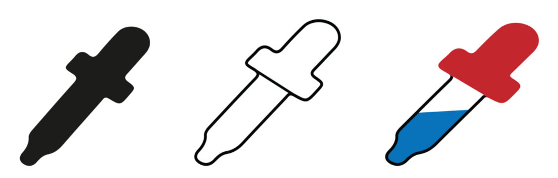 Minimalist pipette icon set, medical dropper vector illustrations in solid black and outline styles, laboratory liquid tool symbols for healthcare apps