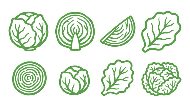 Set of fresh green cabbage vegetables designed in a simple rustic linocut print style