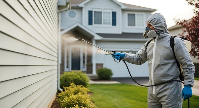 Pest control technician in protective gear spraying chemicals on a residential house exterior