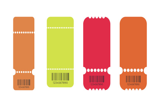 Colorful ticket collection with barcodes and perforated edges on transparent background