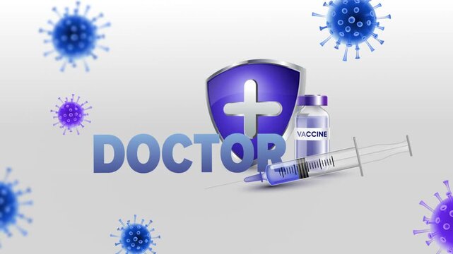 Doctor Text with Medical Syringe, Vaccine Bottle and Protective Medical Shield on White Background