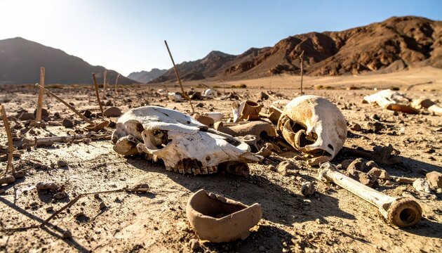 Desert Landscape with Animal Skeletons and Remains, Evoking Desolation and Harsh Environment