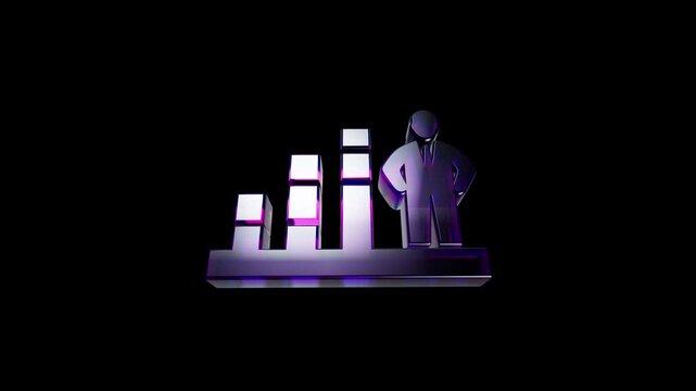 3d metallic business growth bar chart icon with a professional man standing on black background 3D Icon