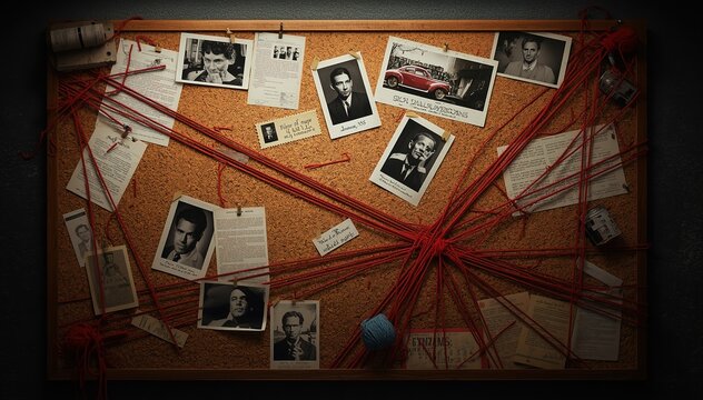 Detective investigation board featuring pinned photos, documents, handwritten notes, and red string connecting clues on a realistic crime evidence corkboard with dramatic lighting.
