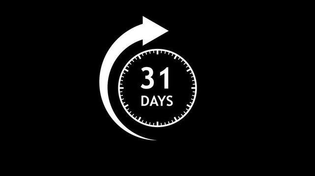White Arrow Clock Cycle Indicating Thirty One Days With Circular Motion Against Black Background