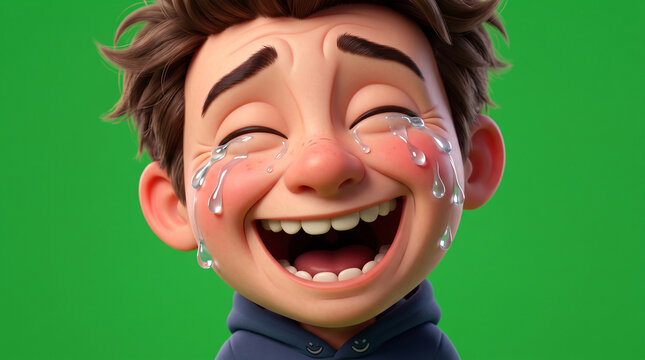 Happy cartoon boy laughing with tears of joy on green background
