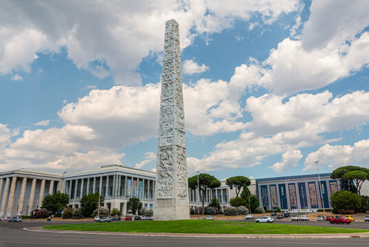 EUR marble Obelisk in the centre of&nbsp;Piazza Guglielmo Marconi&nbsp;dedicated to the Italian inventor and Nobel&nbsp;prize winner,&nbsp;Guglielmo Giovanni Maria Marconi. Rome, Italy - July 4, 2026.