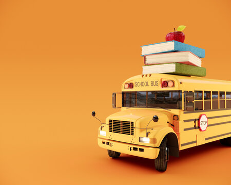 School bus arriving with school accessories and books. Ready for school concept background 3D Rendering, 3D Illustration