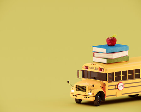 School bus arriving with school accessories and books. Ready for school concept background 3D Rendering, 3D Illustration