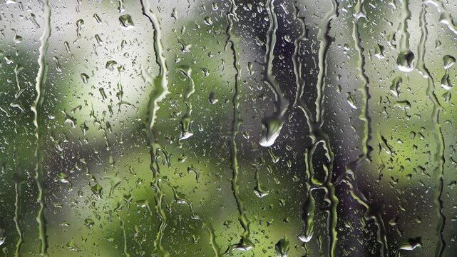 4K video with original rain and thunder sounds. Raindrops hitting and flowing down a window, creating a blurred outdoor view. Atmospheric rainy weather background with natural ambience.