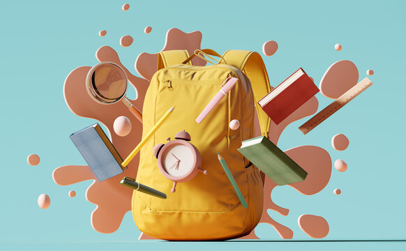 Yellow backpack with alarm clock and school equipment. Back to school concept on blue background with copy space. 3D Rendering, 3D Illustration