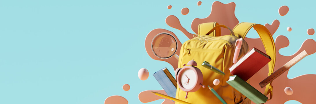 Yellow backpack with alarm clock and school equipment. Back to school concept on blue background with copy space. 3D Rendering, 3D Illustration