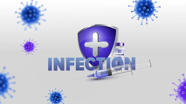Infection Text with Medical Syringe, Vaccine Bottle and Protective Medical Shield on White Background