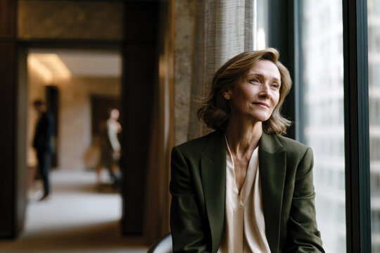 A thoughtful businesswoman seated by a large window in a modern office reflects on ideas and strategies, showcasing professionalism, poise, and an inspired mindset amid a sleek backdrop.