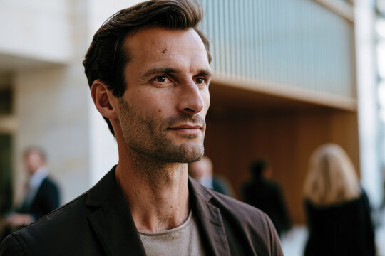 A modern businessman with a contemplative expression stands confidently outside a corporate building, embodying professionalism and charisma in a vibrant, urban atmosphere.