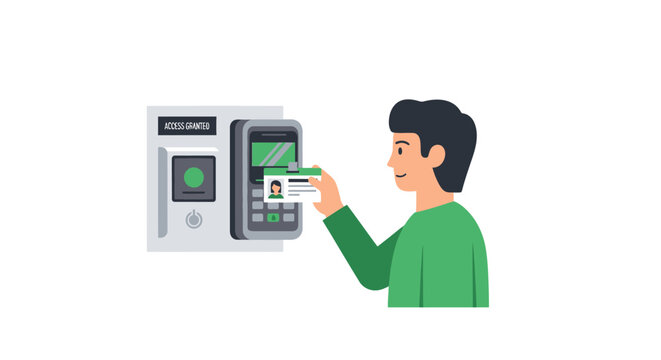 Man holding ID card to electronic reader for access control and security verification in a smart office environment