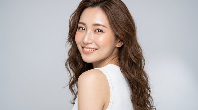 Beautiful young east asian woman with long wavy brown hair and glowing skin smiling brightly while looking over her shoulder against a soft light grey background