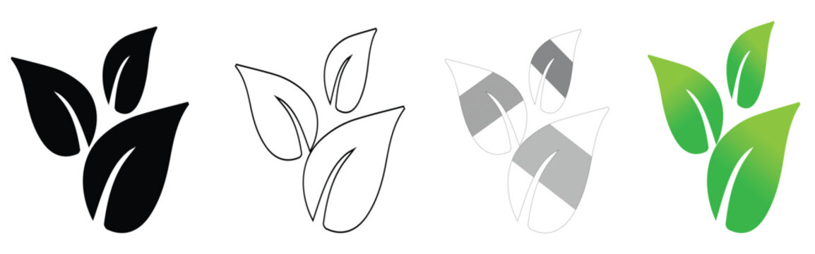 Minimalist green leaf icons set, organic foliage vector symbols in black and outline styles, eco friendly nature logo elements for branding