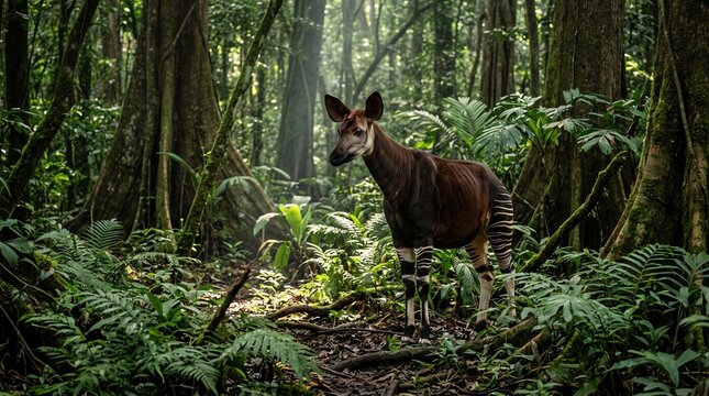 Okapi standing in a lush rainforest. Rare forest giraffe in its natural jungle habitat.