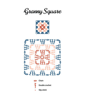 Classic Granny square crochet pattern chart with symbol diagram, vector illustration.