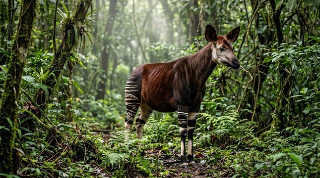 Okapi standing in a lush tropical rainforest. Rare forest giraffe in its natural habitat.