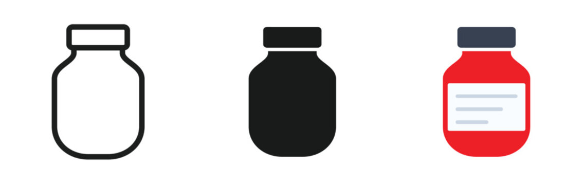 Medical pill bottle icon set, pharmaceutical medicine jar vector collection, red supplement container with label for healthcare design