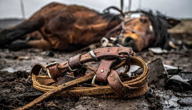Deceased horse and its worn leather bridle lying on muddy ground, representing loss and despair