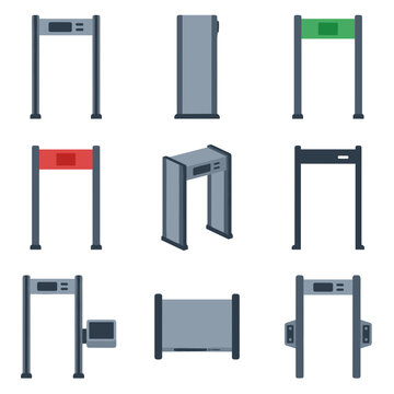 Set of metal detector gates icons for security checkpoints