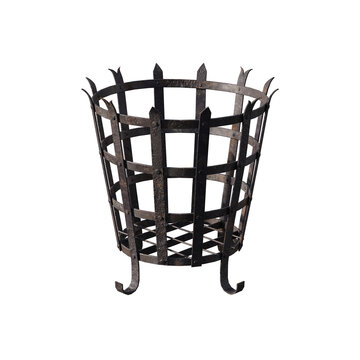 A rustic antique wrought iron fire basket isolated on a white background.