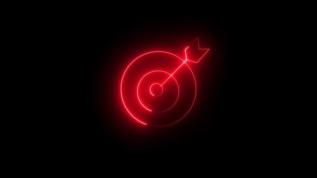 Glowing red neon target icon with arrow in center symbolizes purpose, focus and precision. business goals Neon animation video of precision target for success, achievement, strategy and direction.