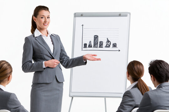 Businesswoman Presenting Strategy to Colleagues Isolated on White Background