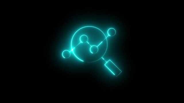 Neon analytics icon with bright cyan magnifying glass and line chart. Neon animation 4K video of data analysis, business reporting, performance metrics, analytics, monitoring, research.