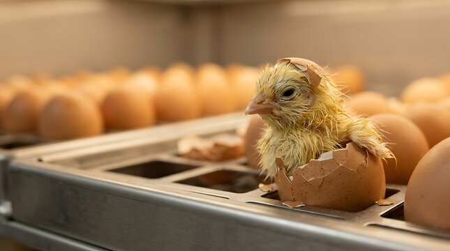 Newborn yellow baby chick emerging from a brown eggshell in a professional hatchery incubator tray with multiple eggs in the background, symbolizing new life and growth in poultry farming
