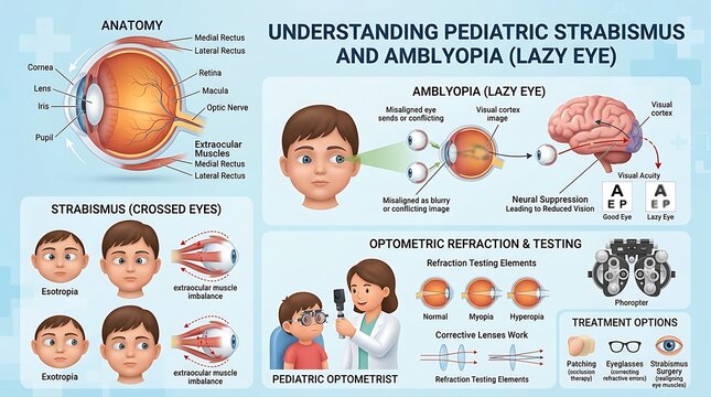 Comprehensive medical infographic explaining pediatric strabismus and amblyopia including eye anatomy, types of misalignment, optometric testing, and various treatment options for children