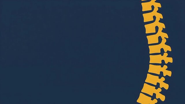 Flat design detailed human spine anatomy in amber yellow on deep navy background, medical concept motion graphic with copy space