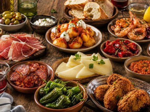 Gro&szlig;e Auswahl spanischer Tapas mit Serranoschinken, Chorizo, K&auml;se, Garnelen, Pimientos und Patatas Bravas. Mediterranes Fingerfood festlich auf rustikalem Holztisch angerichtet.