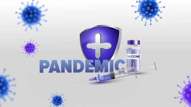 Pandemic Text with Medical Syringe, Vaccine Bottle and Protective Medical Shield on White Background
