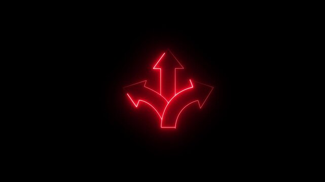 Glowing neon green icon featuring three arrows branching out in different directions (left, straight, and right) from a single origin point against a black background. 