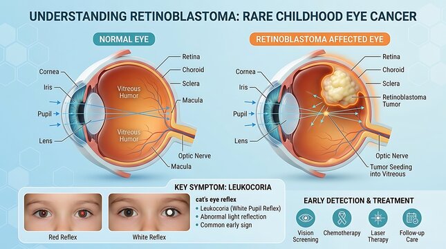 Healthcare infographic on childhood eye cancer featuring normal versus affected eye anatomy, symptoms of leukocoria white reflex and icons for vision screening, chemotherapy, and laser therapy