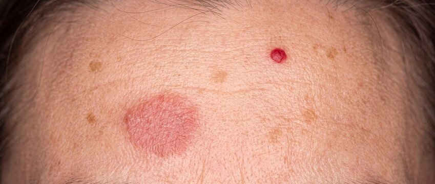 Close-up of human forehead showing various skin conditions including a red cherry angioma and a dry, scaly patch of skin.
