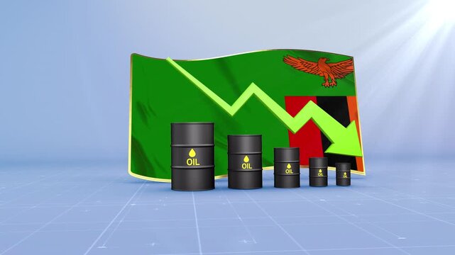 Zambia Oil Price Falling with Oil Barrels Downward Green Arrow and 3D Financial Data Visualization Graphs for Economy and Business Concept