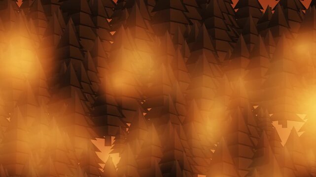 Animated concept of wildfire haze with low poly trees, hazardous air quality index reading, smoggy city skyline, firefighters, and thick orange smoke