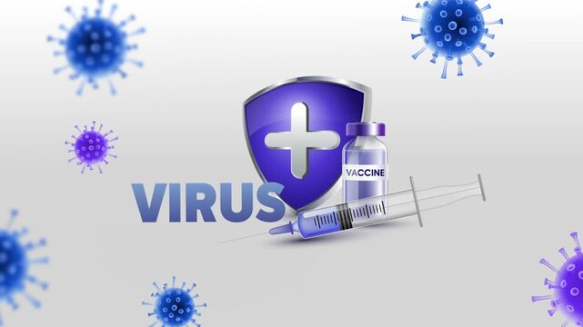 Virus Text with Medical Syringe, Vaccine Bottle and Protective Medical Shield on White Background