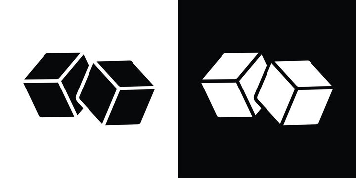 Minimalist sugar cube icon set in high contrast black and white vector format. Geometric 3D cube symbol for food, beverage, ingredient, or web user interface designs.