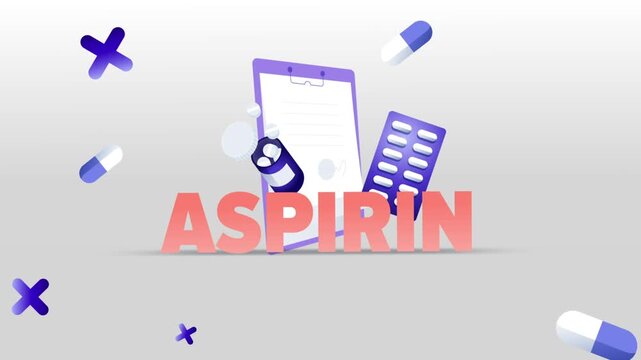 Aspirin Typography with Medical Clipboard, Pill Bottle, Capsule Blister Pack and Pills on White Background