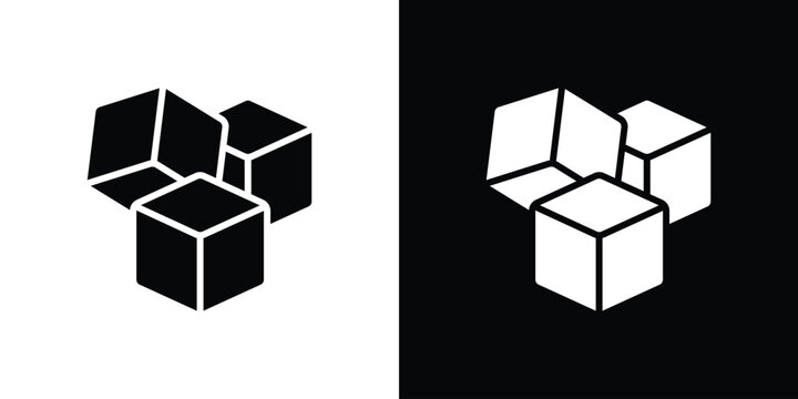 Minimalist sugar cube icon set in high contrast black and white vector format. Geometric 3D cube symbol for food, beverage, ingredient, or web user interface designs.